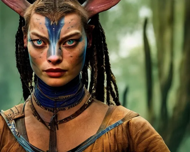 Image similar to a photo of margot robbie as a character in the avatar, hyper realistic face, beautiful eyes, cinematic, long shot, hyper detailed, 8 5 mm photograph, 8 k resolution, film still, sharp lens, wide lens