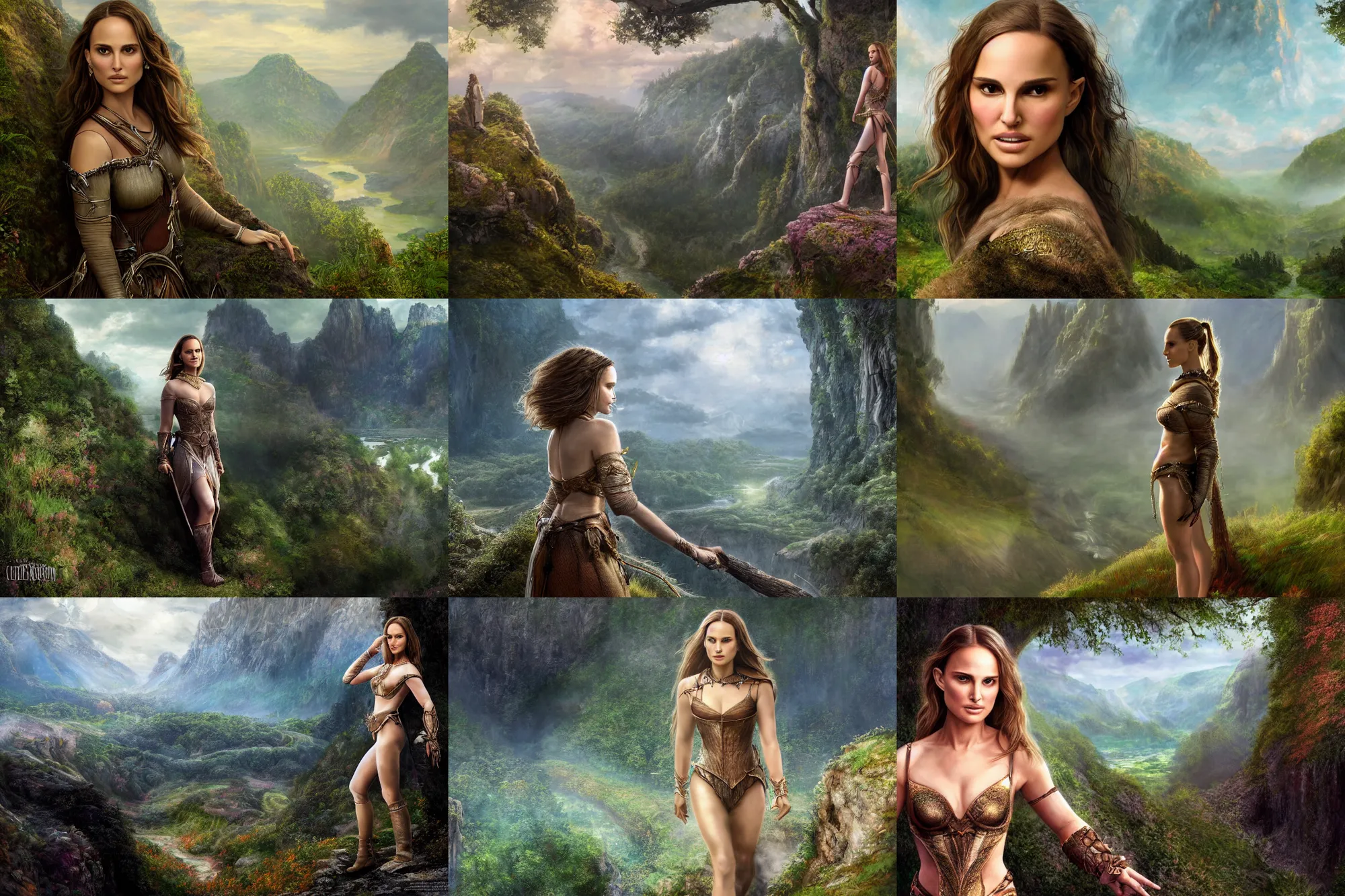 Prompt: intricate realistic digital painting of Natalie Portman clothed in a chesty fantasy outfit, posing on the edge of a cliff overlooking a forested valley, realistic, intricate details, 8k resolution, cinematic lighting, Lord of The Rings screencapture