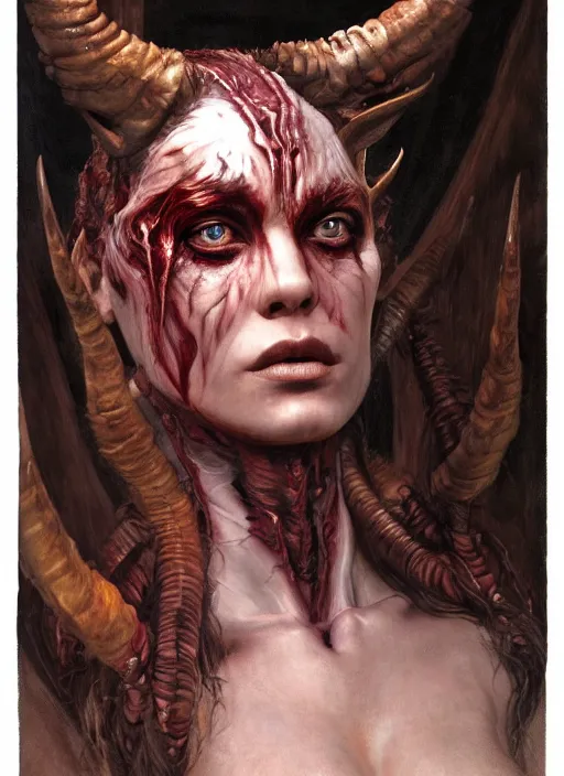 Image similar to half demon half human intricate skin hairy costume, elegant, peaceful, full body, horns, hyper realistic, extremely detailed, dnd character art portrait, fantasy art, intricate fantasy painting, dramatic lighting, vivid colors, deviant art, artstation, by edgar maxence and caravaggio and michael whelan and delacroix.