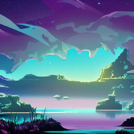 Prompt: sea under starry sky with reefs, light purple tones, animated film, stylised, illustration,, fantasy art, 2 d game art, by eyvind earle, scott wills, genndy tartakovski, roman shipunov, etienne hebinger, atey ghailan, cgsociety, cynical realism