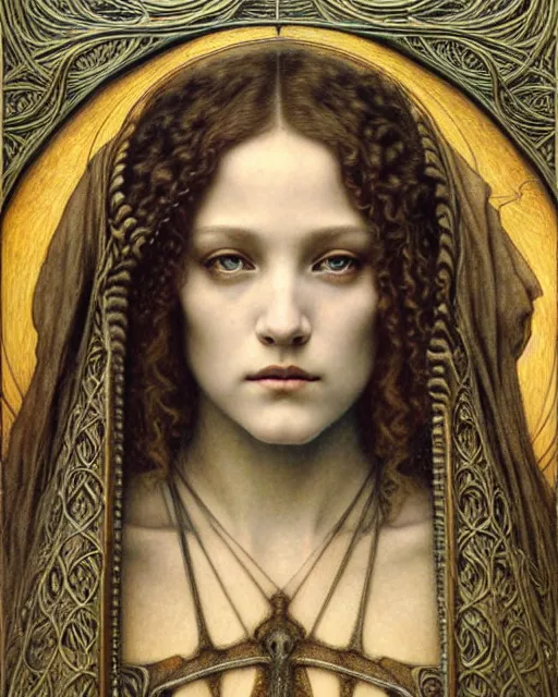 Image similar to detailed realistic beautiful young medieval queen face portrait by jean delville, gustave dore and marco mazzoni, art nouveau, symbolist, visionary, gothic, pre - raphaelite. horizontal symmetry