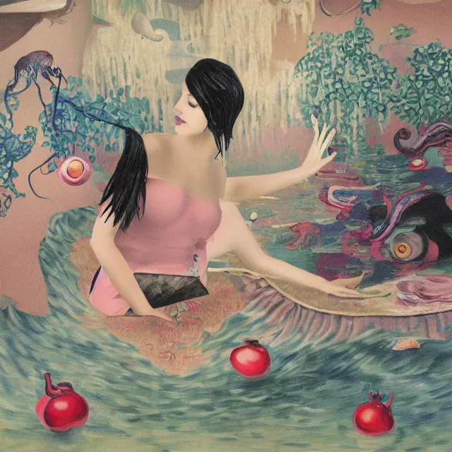 Image similar to female emo art student, painting of flood waters inside an artist's feminine bedroom, a river flooding indoors, pomegranates, pigs, ikebana, water, octopus, river, rapids, waterfall, black swans, canoe, berries, acrylic on canvas, surrealist, by magritte and monet