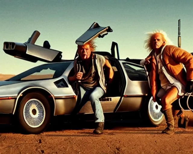 Image similar to doc brown and the delorean in a scene from a mad max movie