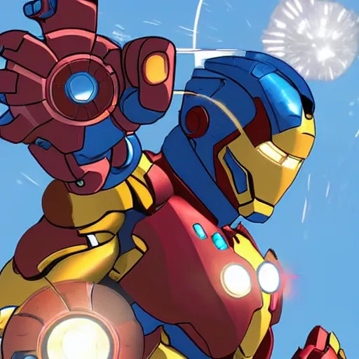 Image similar to ironman fighting pharah from overwatch