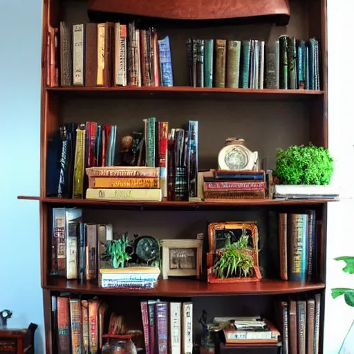 Image similar to built in bookshelf full of old books, plants and steampunk items, high resolution