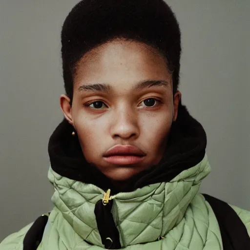 Image similar to realistic! photoshoot for a new balenciaga lookbook, color film photography, portrait of a beautiful woman wearing a puffer jacket, photo in style of tyler mitchell, 35mm