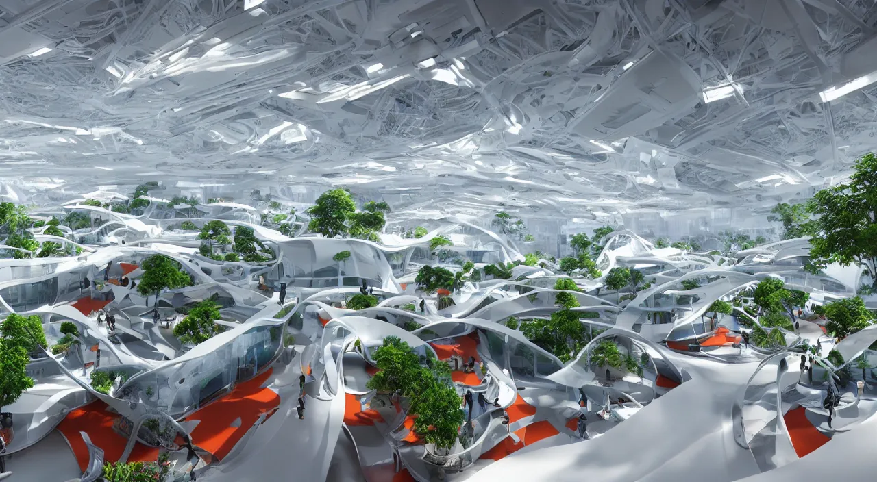 Prompt: futuristic open office with parks and plants, glowing computer screens, made with glossy white plastic and large windows and voluminous light and light rays, extremely intricate, very detailed, in style of zaha hadid, artstation, octane render, with red and orange highlights, cinematic lighting