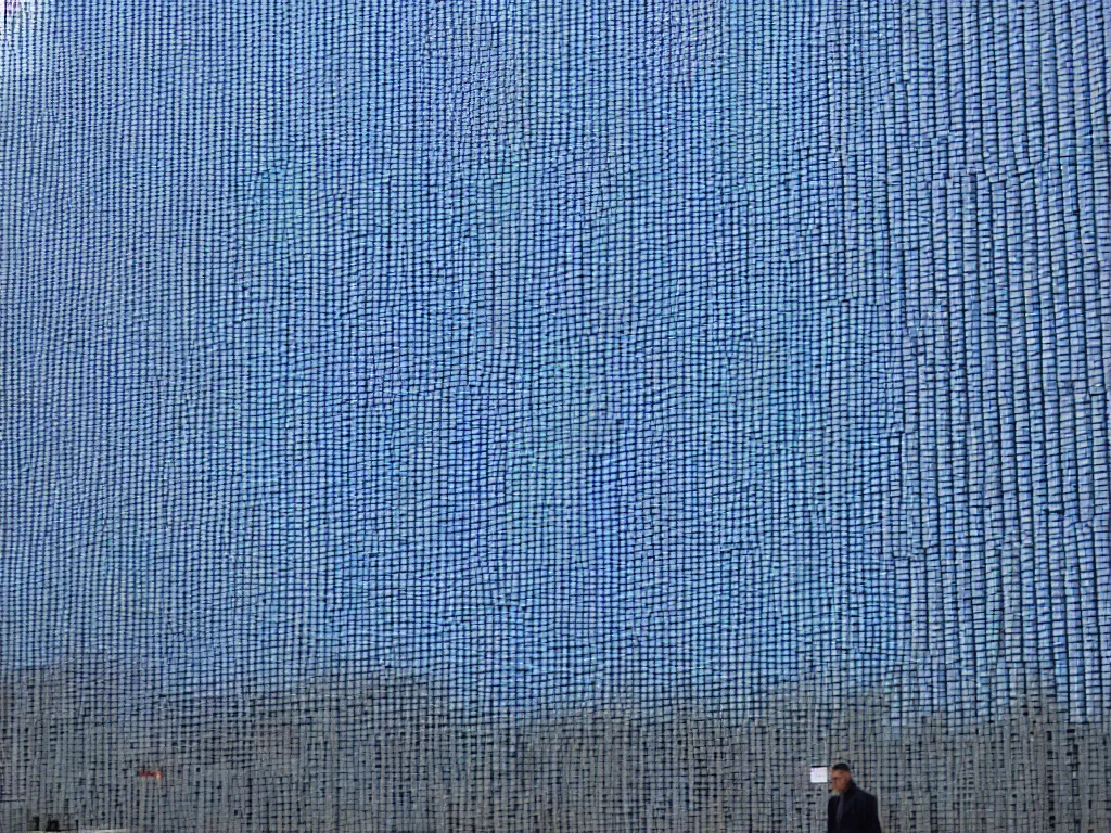 Image similar to a perfect portrait photograph of a human being reduced to an ordered set of pixels, sorted by the blue channel value, each pixel is a 1 meter plastic cube glued to the outside of a horrific government building in azerbaijan.