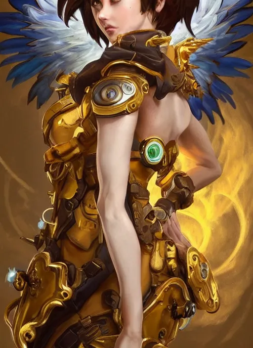 Image similar to full body oil painting of tracer overwatch in the style of sophie anderson, angel wings, angelic golden armor, dramatic painting, symmetrical composition, ornate, golden chains, high detail, gold detailed collar!!!!!, blooming, lights, flowers, detailed face,