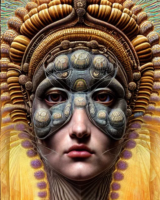 Image similar to hyperrealistic detailed face portrait of the beautiful goddess of the giant isopods with an intricate golden ornamental geometrical fractal giant isopod masked headdress, art by ernst haeckel, john william godward, android jones, h. r. giger, gothic - cyberpunk, ornamental, dimmed pastel colours,