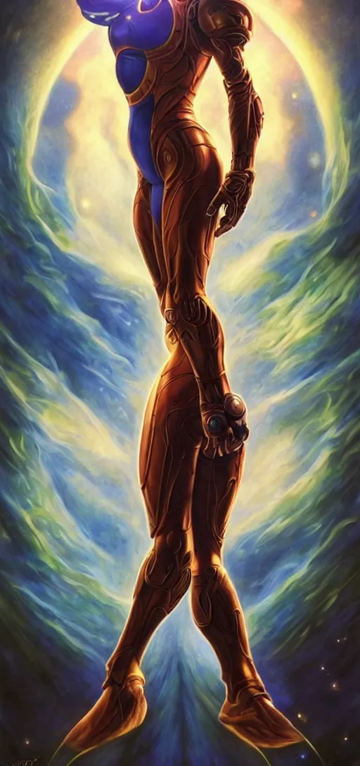 Prompt: perfectly detailed samus aran tarot card!! blessed by sci fi space with ever - increasing physical mental perfection, symmetrical! intricate, tight blue spandex full body suit, sensual features, highly detailed, biblical divine holy perfection!! digital painting, artstation, concept art, smooth, sharp focus, illustration, art by artgerm and greg rutkowski and alphonse mucha