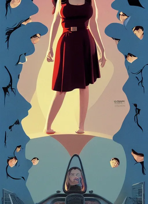 Image similar to poster artwork by Michael Whelan and Tomer Hanuka, Karol Bak of Jennifer Connelly wearing RR Double R diner waitress dress uniform, from scene from Twin Peaks, clean