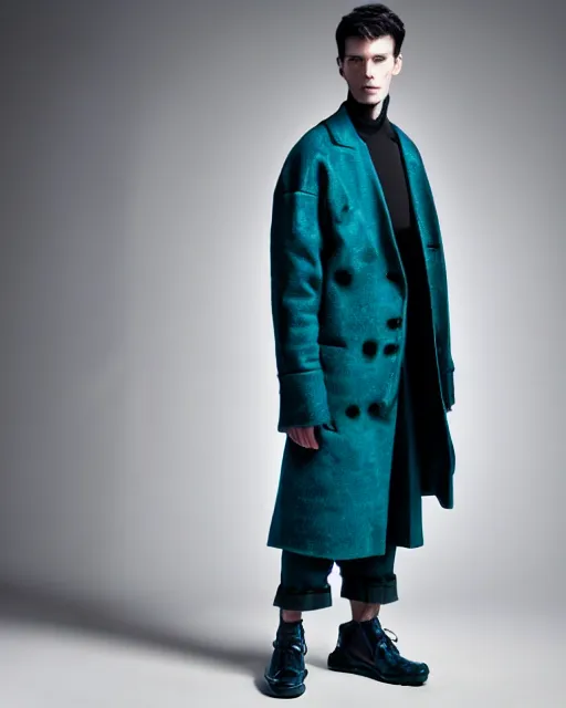 Image similar to an award - winning photo of a male model wearing a cropped baggy teal distressed medieval menswear coat by issey miyake, 4 k, studio lighting, wide angle lens