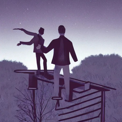 Image similar to two young men, one man human, one man vampire, night, on a birdge, in the style of onc piece