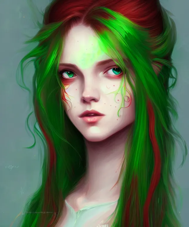 Image similar to Fae teenage girl, portrait, face, long red hair, green highlights, fantasy, intricate, elegant, highly detailed, digital painting, artstation, concept art, smooth, sharp focus, illustration