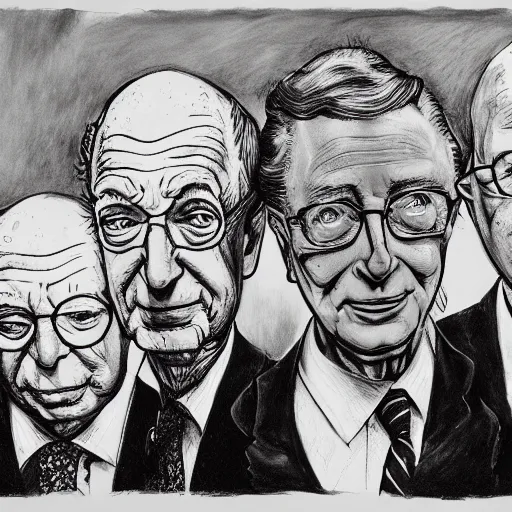 Prompt: Jacob Rothschild and george soros and bill gates and Klaus Schwab by Ralph Steadman, dollar bills, body horror, evil, scribbles biopunk, 8k , trending on artstation