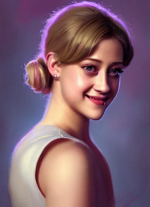 Image similar to portrait of lili reinhart with fluffy bangs, smiling kindly, bangs, 1 9 6 0 s, ponytail, curly bangs and ponytail, rounder face, intricate, elegant, glowing lights, highly detailed, digital painting, artstation, concept art, smooth, sharp focus, illustration, art by wlop, mars ravelo and greg rutkowski