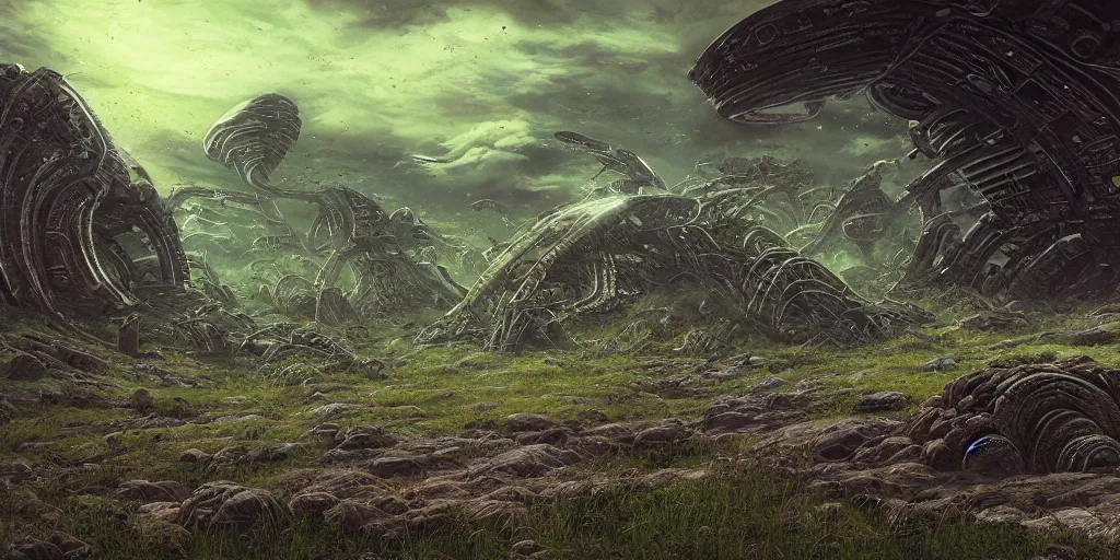 Prompt: rocky ground with a dirt path, and grass surrounding it, xenorphs part of the ground, organic alien ships attack the ground from the sky, john howe, liam wong, highly detailed, vibrant and vivid, giger