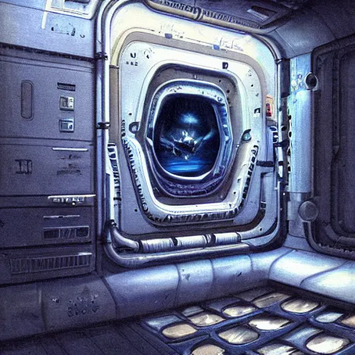 Prompt: the hibernate containerare neatly arranged on the wall, inside the spacecraft ， future style, dark, h. r. giger, blue color scheme, concept art