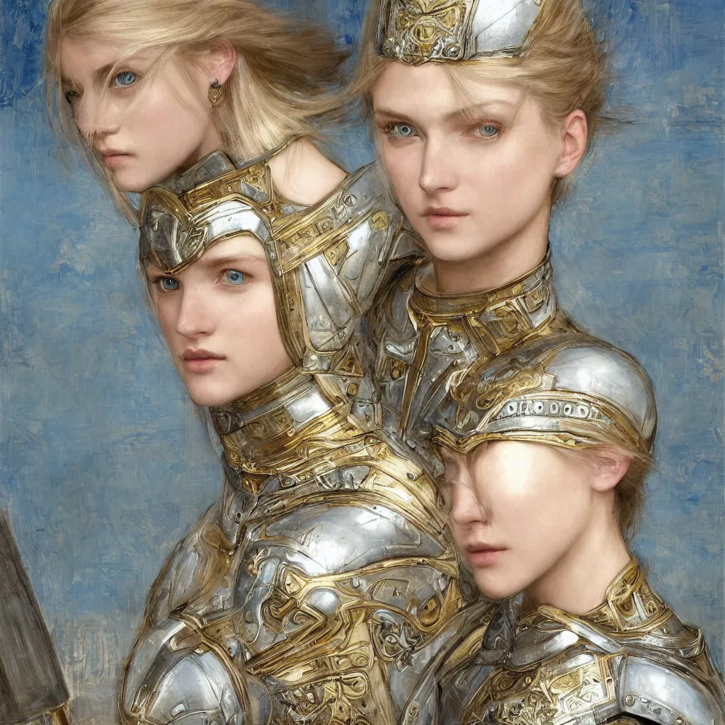 Image similar to armored beautiful pale platinum - blonde young woman with light blue eyes, soft gaze, a golden round halo around her head, wearing a fine decorated silver breastplate, painted by john william waterhouse : : 0. 5, epic fantasy, masterpiece, portrait, fine art, digital art, detailed, ultra - hd, cinematic, volumetric, intricate