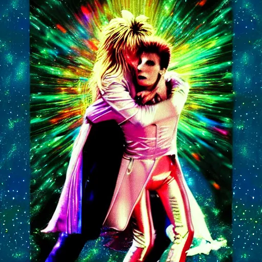 Prompt: david bowie from labyrinth getting a piggy back ride from ziggy stardust, digital art, glam rock. pop art background.