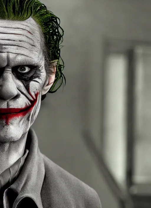 Image similar to movie still portrait of willem dafoe as the joker