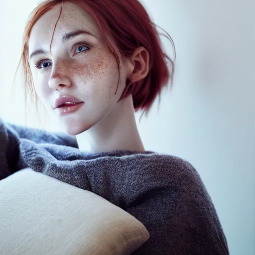 Image similar to portrait of a cute thin young woman, red blush, cute freckles wearing casual clothes, small smile, relaxing on a couch, cozy under a blanket, cozy living room, close up shot, 8 k, octane render, trending on artstation, art by artgerm and irakli nadar,, hyperrealism, hyperdetailed, ultra realistic