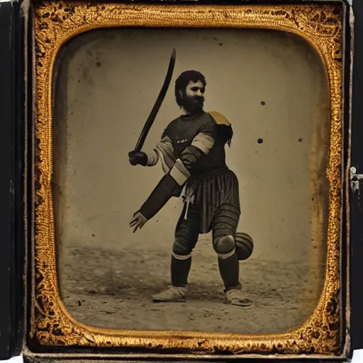 Prompt: Daguerreotype of a Byzantine warrior playing basketball