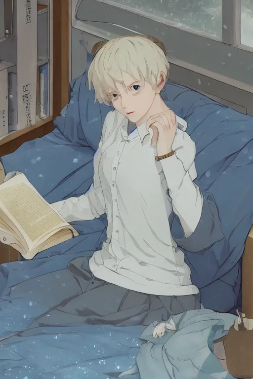 Image similar to a teenage girl with white short hair in a jk uniform outfit in the bedroom reading a book in a night, raining outside the window, grey and blue theme, by krenz cushart and mucha and akihito yoshida and greg rutkowski and makoto shinkai, detailed eyes, 4 k resolution