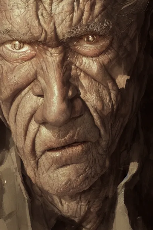 Image similar to the look of an elderly person full of wrinkles and imperfections by artgem and greg rutkowski, highly detailed, high contrast, trippy, nebula, trending on artstation