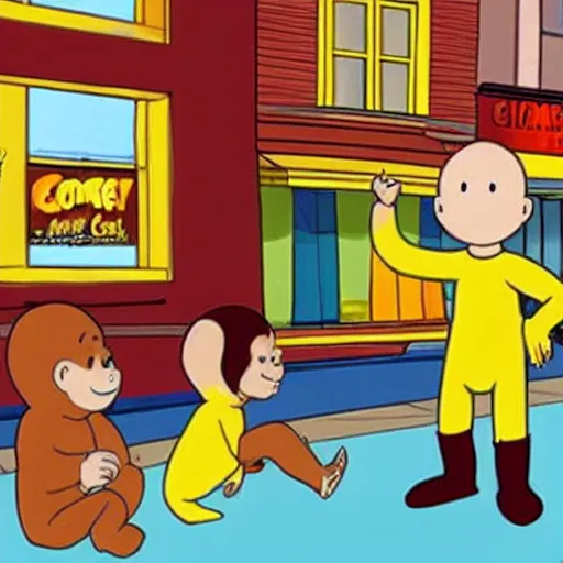 Image similar to curious george caillou cartoon in the big city. new york city concrete jungle.