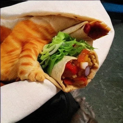 Image similar to a literal burrito made out of a cat, cute