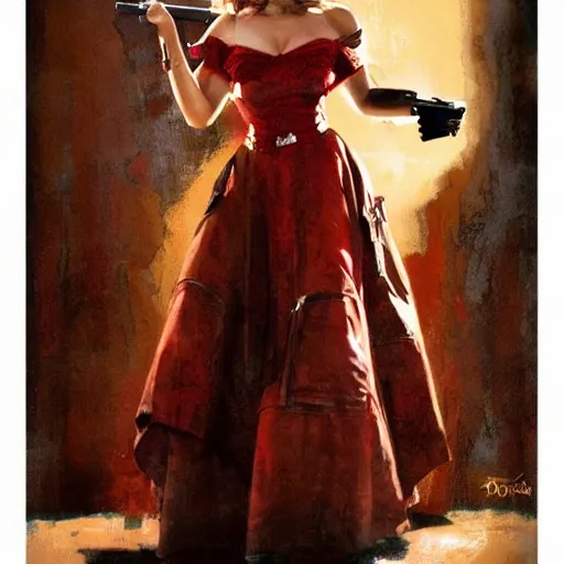 Image similar to a woman in a red wild west dress holding a shotgun, realistic painting by drew struzan, anatomically correct, beautiful, soft lighting, artstation