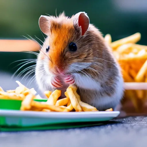 Prompt: detailed photo of a hamster eating fries, outdoors, various poses, full body, unedited, daylight, dof 8 k