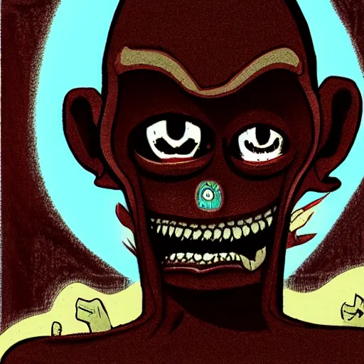 Image similar to a dark brown humanoid, hyper detailed, in the style of jamie hewlett and and jamie hewlett and jamie hewlett, selfie