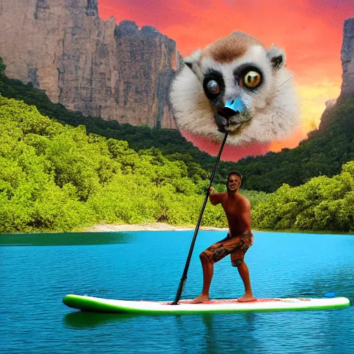 Prompt: a view of a human - sized lemur on a stand up paddleboard floating down the middle of a river with cliffs on either side, digital art