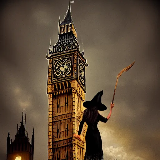 Prompt: A witch wearing a hat sitting on a broom stick and flying,the Big Ben is in background,gloomy lighting,creepy atmosphere,photo , highly detailed , high contrast, beautiful lighting, award winning ,u trending on art station, 8k, photo realistic