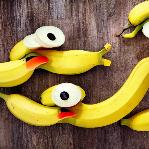 Image similar to professional photograph of banana ducks, peeled bananas with googly eyes and duck beaks