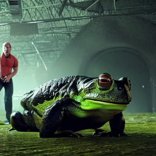 Image similar to Alex Jones bent over on all fours in the foreground. A big green toad stands behind him with an intense look on its face. hyper realistic, dynamic pose, high detail, octane render, unreal engine, 8k, fantasy art, highly detailed, dramatic lighting, concept art