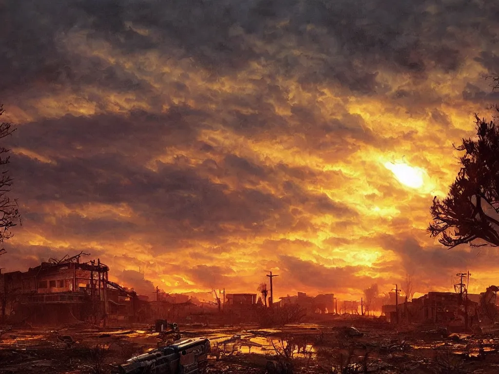 Image similar to a post apocalyptic small town after a nuclear war, beautiful radioactive sunset lighting, beautiful painting, fallout video game, painted by albert bierstadt