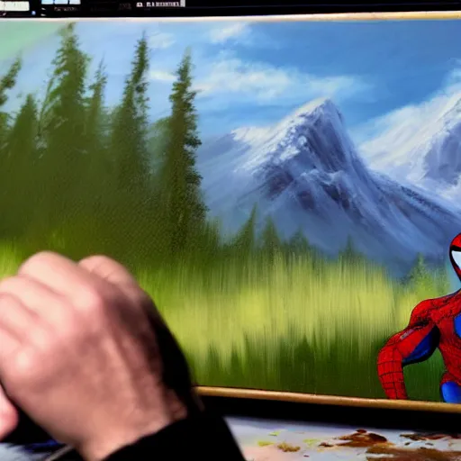 Image similar to a closeup photorealistic photograph of bob ross working on a canvas painting of spiderman. film still. brightly lit scene. mountains and trees. this 4 k hd image is trending on artstation, featured on behance, well - rendered, extra crisp, features intricate detail, epic composition and the style of unreal engine.