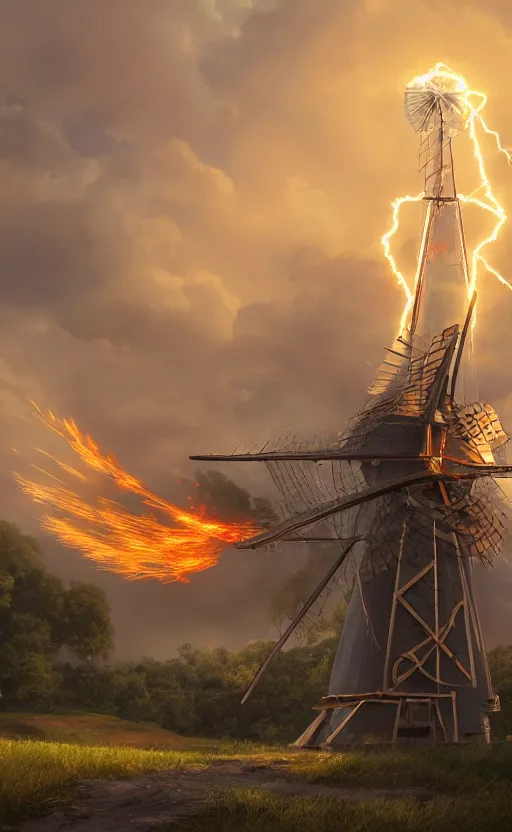 Image similar to a windmill, robot, fire, ash, electricity lightning, furry, soft, concept art, sharp focus, intricate details, highly detailed, photorealistic, disney pixar, octane render, iridescent, anime, 8 k