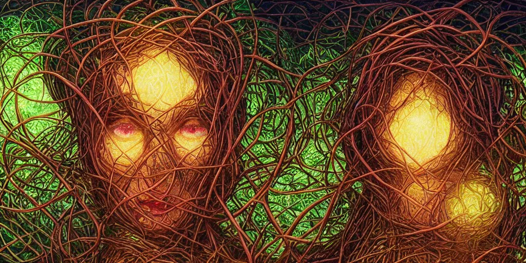 Prompt: a beautiful face with glowing eyes behind a network of extremely thick vines intertwined in the shape of a Celtic knot, central composition, high saturation, epic lighting, in the style of Peter gric and Hannah yata 8k