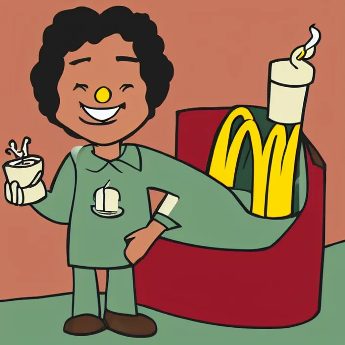 Image similar to a cartoon of a mcdonald's employee holding a candle