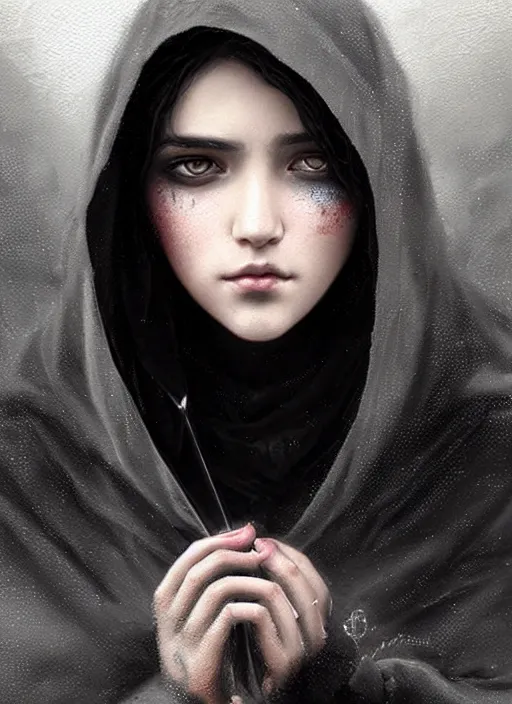 Image similar to a teenage girl with very short black hair and a huge cloak made of grey and black strips. mist swirls around her. beautiful highly detailed face. beautiful painting by artgerm and greg rutkowski and raymond swanland