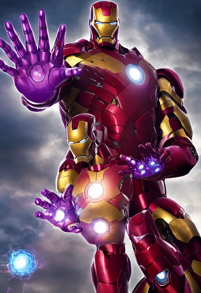 Image similar to thanos and iron man mix suits, vfx render, cinematic, ultra high quality,