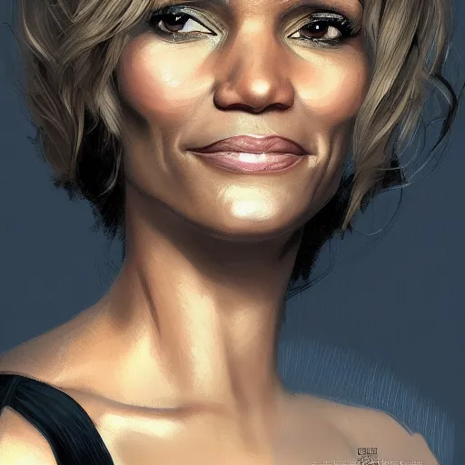 Image similar to portrait of maci holloway, first woman elected as president in usa, cold but beautiful, about 3 5 years old, highly detailed, mix of halle berry and julia roberts, artstation hd, deviantart, by artgem, greg rutkowski