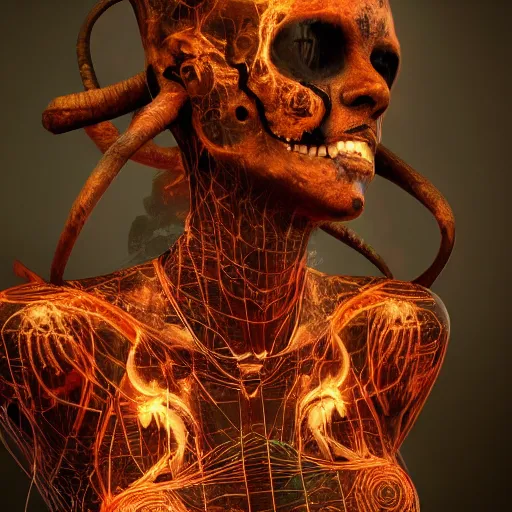 Image similar to machine elfs, abstract, decay, giger textures, ghostly figure, morphing skulls, bone and teeth with cosmic circuitry and futuristic technology rearranging body form, abstract, voodoo, ultra realistic, hyper realism, 1 2 k, epic, octane render, unreal engine, vfx, maya, alex grey