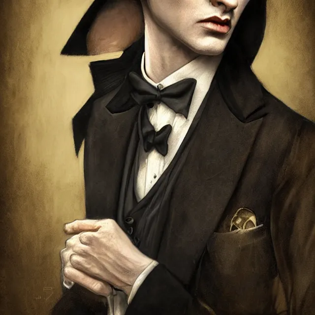 Image similar to photorealistic sepia full - head portrait of a 1 9 2 0 s era smirking male occultist, well dressed, long - tailed tuxedo coat, atmospheric lighting, dark, brooding, painted, intricate by tom bagshaw, ultra detailed, well composed, best on artstation, cgsociety, epic, stunning, gorgeous, intricate detail, much wow, masterpiece