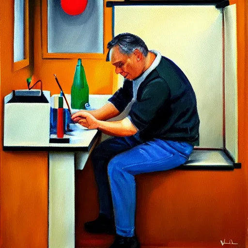 Image similar to viktor orban soldering in a cubicle, oil painting